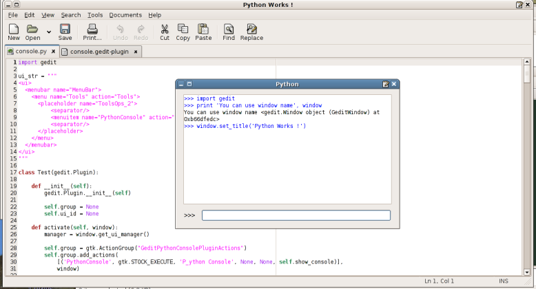 Gedit showing the python console